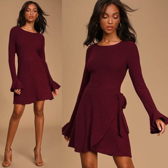Lulus Favorite Tune Dress Long Sleeve Ruffle Faux Wrap Sweater Burgundy NWT S - Picture 1 of 7